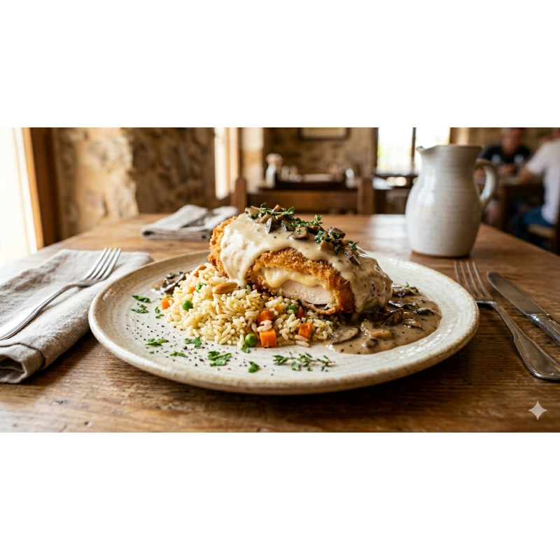 Pollo villaroy con arroz pillaf y salsa de setas