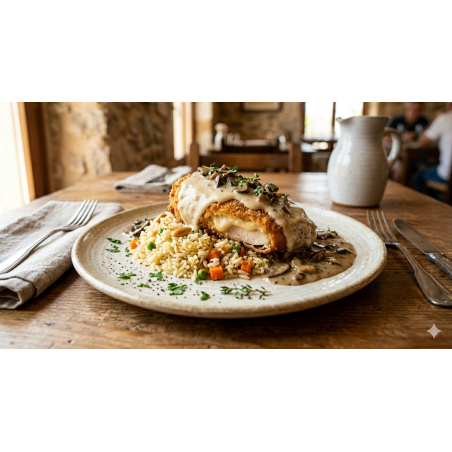 Pollo villaroy con arroz pillaf y salsa de setas