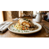 Pollo villaroy con arroz pillaf y salsa de setas